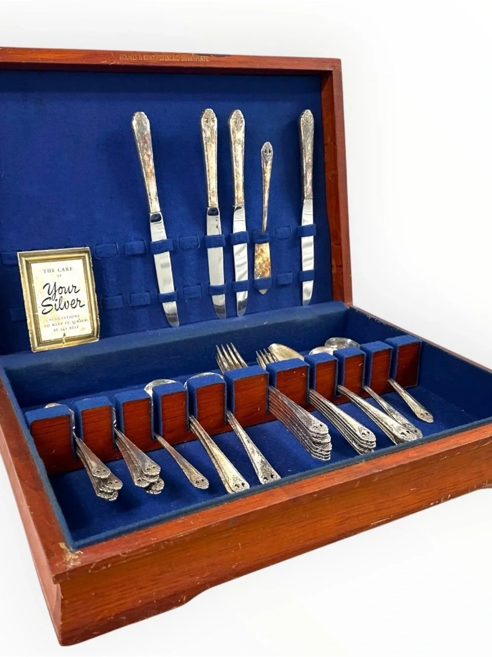 Vintage Holmes & Edwards Inlaid Silverplate Flatware Set Floral Wood Chest 1930s